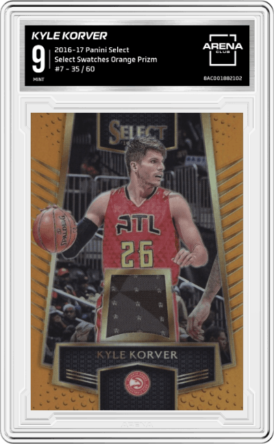 Kyle Korver from the 2016-17 Panini Select set featuring a Orange Prizm parallel graded by Arena Club and given an overall grade of 9.