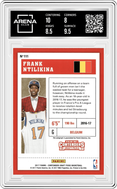 Frank Ntilikina from the 2017-18 Panini Contenders Draft Picks set graded by Arena Club and given an overall grade of 8.5.