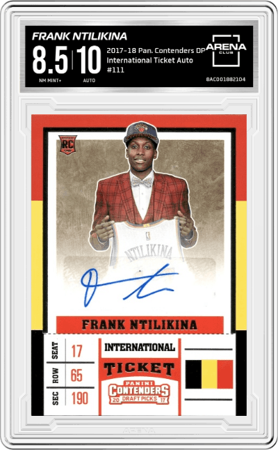 Frank Ntilikina from the 2017-18 Panini Contenders Draft Picks set graded by Arena Club and given an overall grade of 8.5.