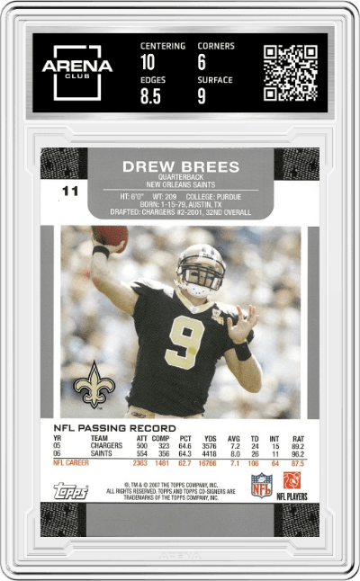 Drew Brees from the 2007 Topps Co-Signers set graded by Arena Club and given an overall grade of 6.5.