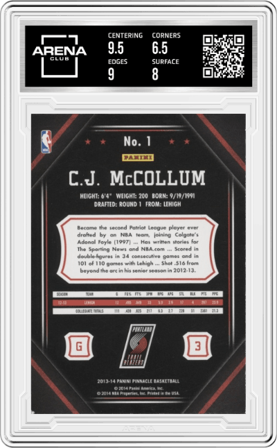 C.J. McCollum from the 2013-14 Panini Pinnacle set graded by Arena Club and given an overall grade of 7.