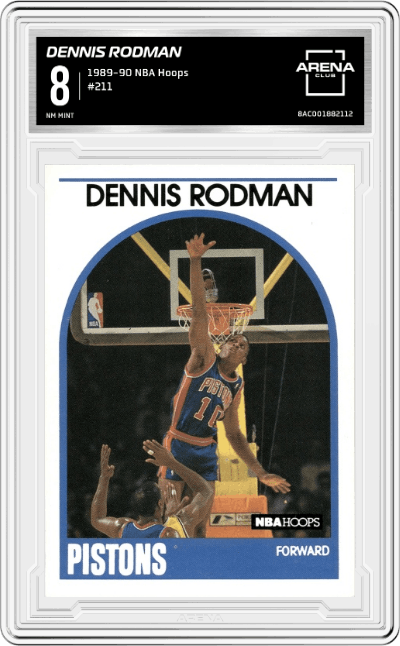 Dennis Rodman from the 1989-90 NBA Hoops  set graded by Arena Club and given an overall grade of 8.