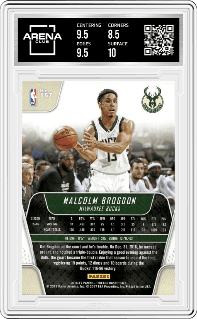Malcolm Brogdon from the 2016-17 Panini Threads Basketball set graded by Arena Club and given an overall grade of 9.