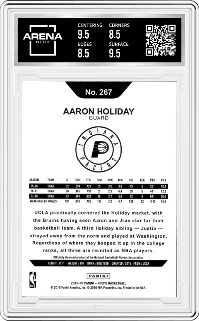 Aaron Holiday from the 2018-19 Panini NBA Hoops Basketball set graded by Arena Club and given an overall grade of 9.