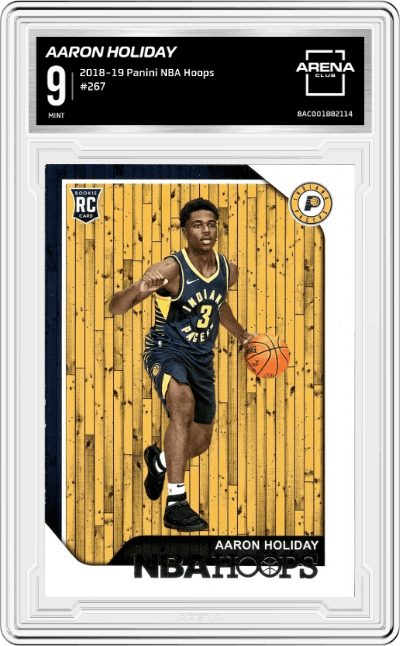 Aaron Holiday from the 2018-19 Panini NBA Hoops Basketball set graded by Arena Club and given an overall grade of 9.