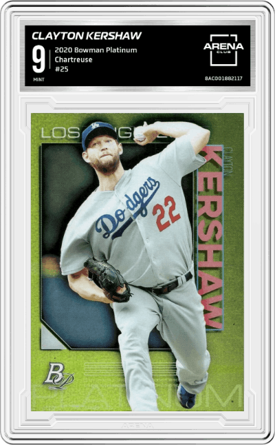Clayton Kershaw from the 2020 Bowman Platinum  set featuring a Chartreuse parallel graded by Arena Club and given an overall grade of 9.