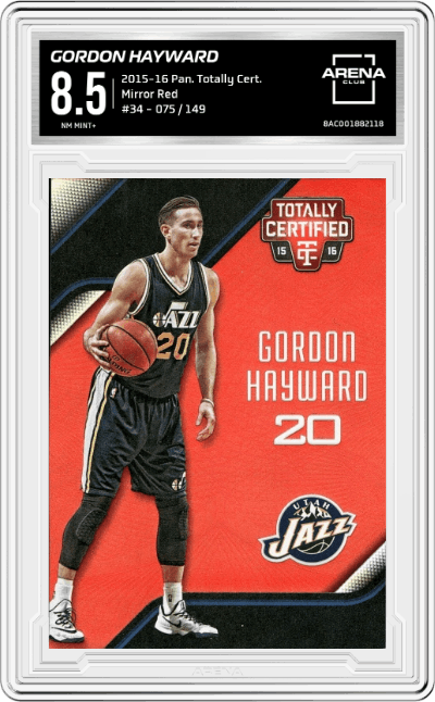 Gordon Hayward from the 2015-16 Panini Totally Certified set featuring a Mirror Red parallel graded by Arena Club and given an overall grade of 8.5.