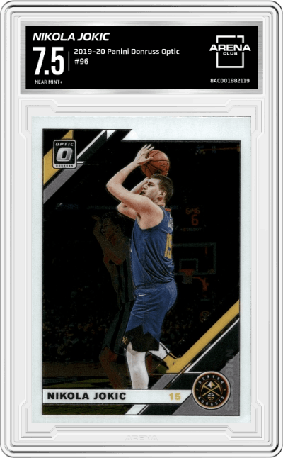 Nikola Jokic from the 2019-20 Panini Donruss Optic set graded by Arena Club and given an overall grade of 7.5.