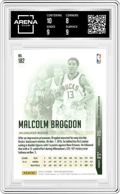 Malcolm Brogdon from the 2016-17 Panini Prestige  set graded by Arena Club and given an overall grade of 8.5.