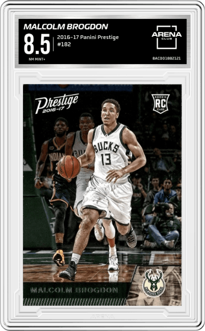 Malcolm Brogdon from the 2016-17 Panini Prestige  set graded by Arena Club and given an overall grade of 8.5.
