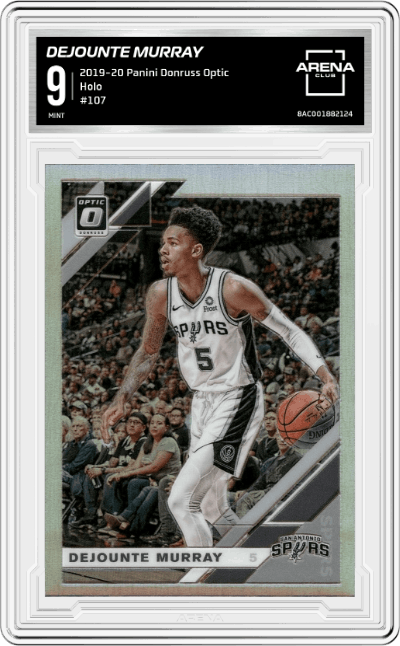 Dejounte Murray  from the 2019-20 Panini Donruss Optic set featuring a Holo parallel graded by Arena Club and given an overall grade of 9.