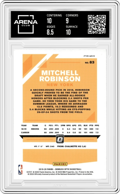 Mitchell Robinson from the 2019-20 Panini Donruss Optic set featuring a Holo parallel graded by Arena Club and given an overall grade of 9.