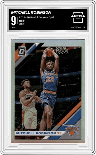 Mitchell Robinson from the 2019-20 Panini Donruss Optic set featuring a Holo parallel graded by Arena Club and given an overall grade of 9.