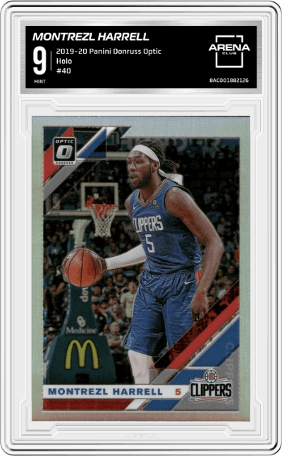 Montrezl Harrell from the 2019-20 Panini Donruss Optic set featuring a Holo parallel graded by Arena Club and given an overall grade of 9.