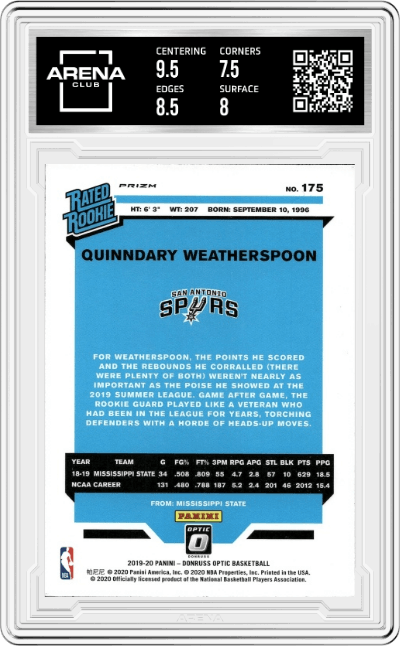 Quinndary Weatherspoon from the 2019-20 Panini Donruss Optic set featuring a Holo parallel graded by Arena Club and given an overall grade of 8.