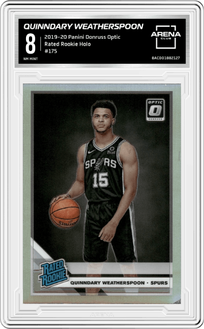 Quinndary Weatherspoon from the 2019-20 Panini Donruss Optic set featuring a Holo parallel graded by Arena Club and given an overall grade of 8.