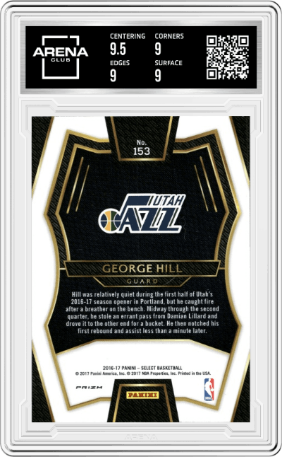 George Hill from the 2016-17 Panini Select set featuring a Silver Prizm parallel graded by Arena Club and given an overall grade of 9.
