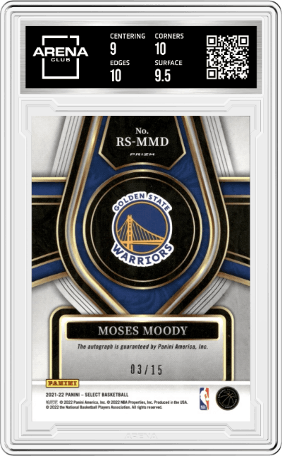 Moses Moody from the 2021-22 Panini Select set featuring a Neon Purple Pulsar Prizm parallel graded by Arena Club and given an overall grade of 9.5.