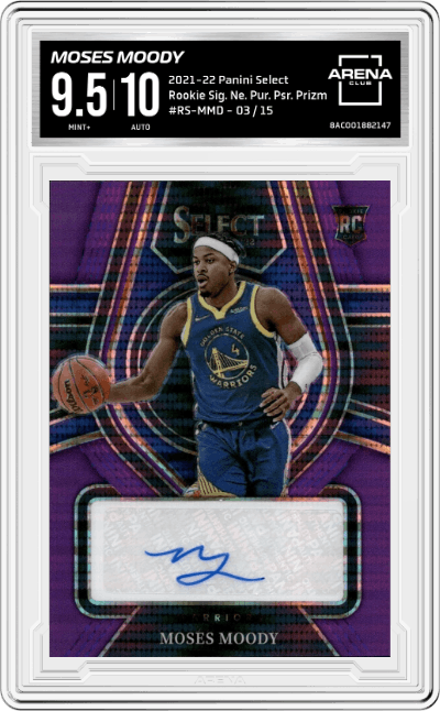 Moses Moody from the 2021-22 Panini Select set featuring a Neon Purple Pulsar Prizm parallel graded by Arena Club and given an overall grade of 9.5.
