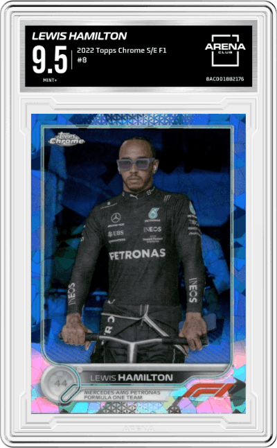 Lewis Hamilton from the 2022 Topps Chrome F1 Sapphire Edition  set graded by Arena Club and given an overall grade of 9.5.