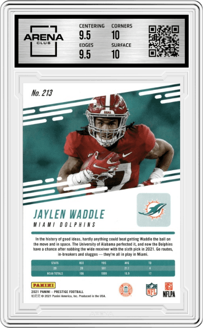Jaylen Waddle from the 2021 Panini Prestige set featuring a Premium Xtra Points Blue parallel graded by Arena Club and given an overall grade of 10.
