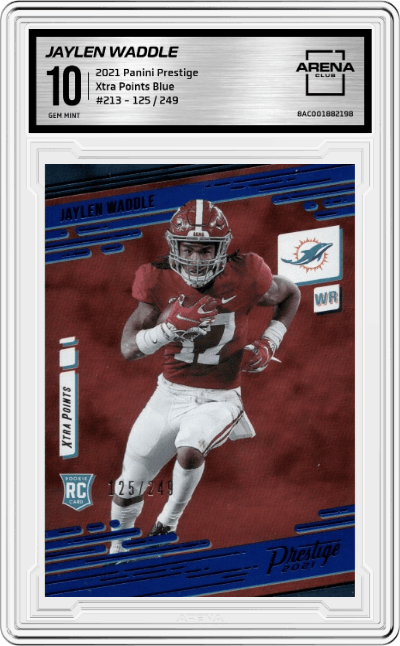 Jaylen Waddle from the 2021 Panini Prestige set featuring a Premium Xtra Points Blue parallel graded by Arena Club and given an overall grade of 10.