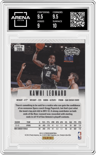 Kawhi Leonard from the 2012-13 Panini Prizm set graded by Arena Club and given an overall grade of 9.5.