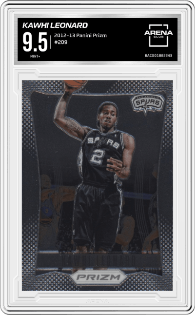 Kawhi Leonard from the 2012-13 Panini Prizm set graded by Arena Club and given an overall grade of 9.5.