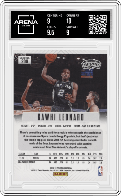 Kawhi Leonard from the 2012-13 Panini Prizm set graded by Arena Club and given an overall grade of 9.5.