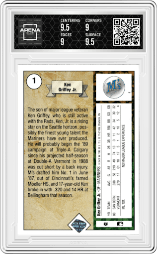 Ken Griffey Jr. from the 1989 Upper Deck set graded by Arena Club and given an overall grade of 9.5.