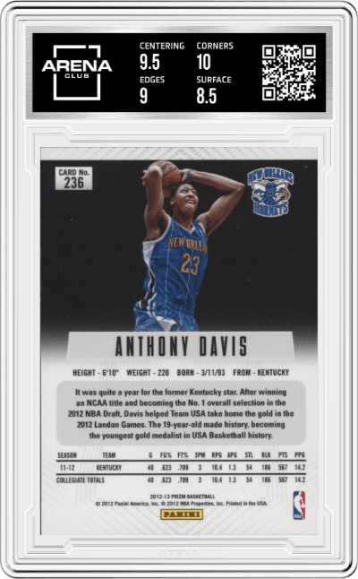 Anthony Davis from the 2012-13 Panini Prizm set graded by Arena Club and given an overall grade of 9.