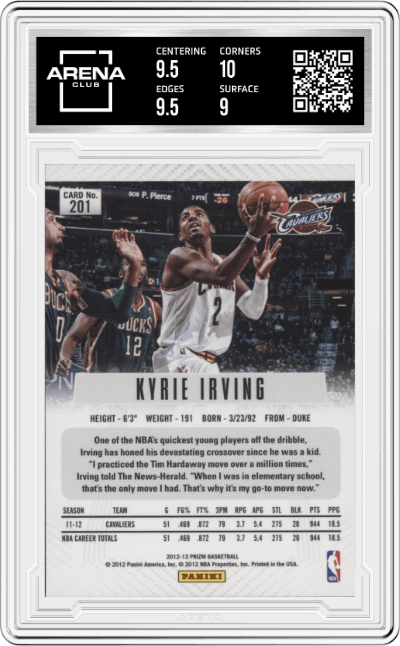 Kyrie Irving from the 2012-13 Panini Prizm set graded by Arena Club and given an overall grade of 9.5.