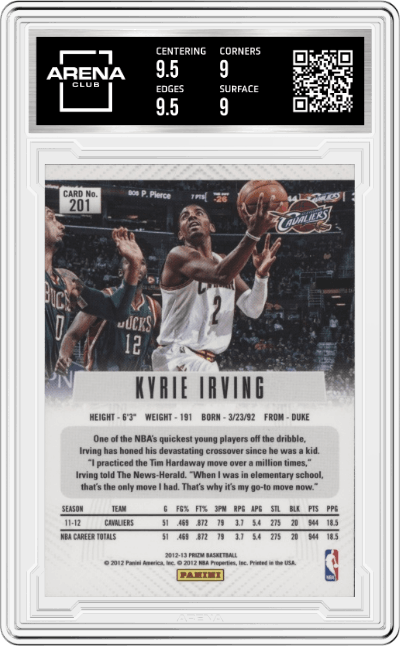Kyrie Irving from the 2012-13 Panini Prizm set graded by Arena Club and given an overall grade of 9.5.