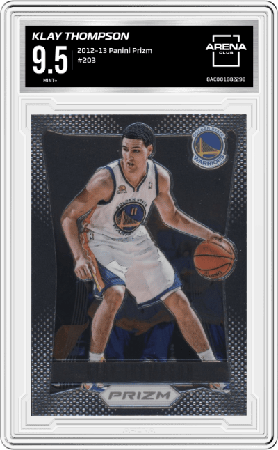 Klay Thompson from the 2012-13 Panini Prizm set graded by Arena Club and given an overall grade of 9.5.
