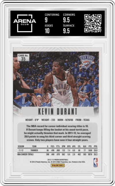 Kevin Durant from the 2012-13 Panini Prizm set graded by Arena Club and given an overall grade of 9.5.