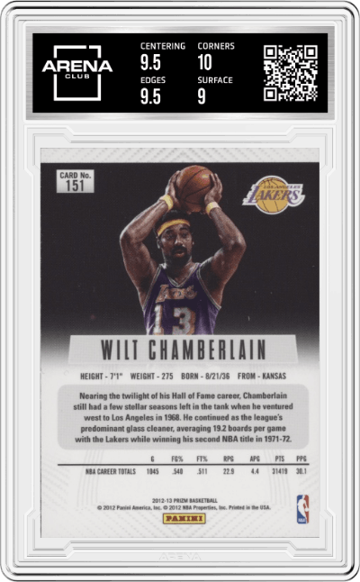 Wilt Chamberlain from the 2012-13 Panini Prizm set featuring a Silver Prizm parallel graded by Arena Club and given an overall grade of 9.5.
