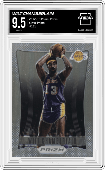 Wilt Chamberlain from the 2012-13 Panini Prizm set featuring a Silver Prizm parallel graded by Arena Club and given an overall grade of 9.5.