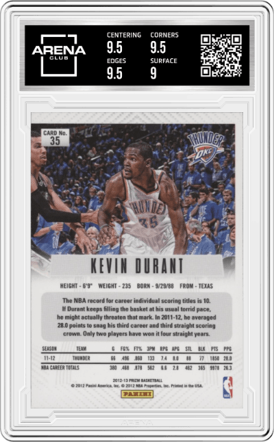 Kevin Durant from the 2012-13 Panini Prizm set graded by Arena Club and given an overall grade of 9.5.