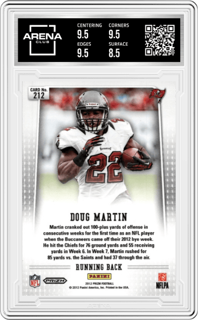 Doug Martin from the 2012 Panini Prizm set featuring a Green Prizm  parallel graded by Arena Club and given an overall grade of 9.
