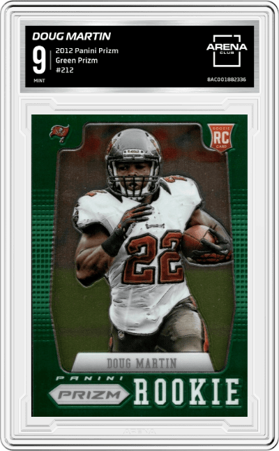 Doug Martin from the 2012 Panini Prizm set featuring a Green Prizm  parallel graded by Arena Club and given an overall grade of 9.
