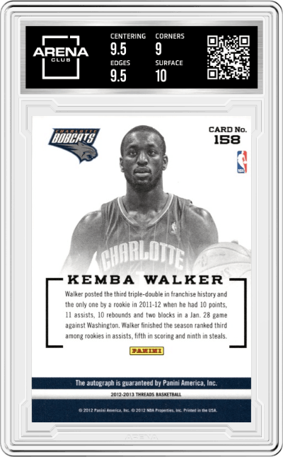 Kemba Walker from the 2012-13 Panini Threads Basketball set graded by Arena Club and given an overall grade of 9.5.