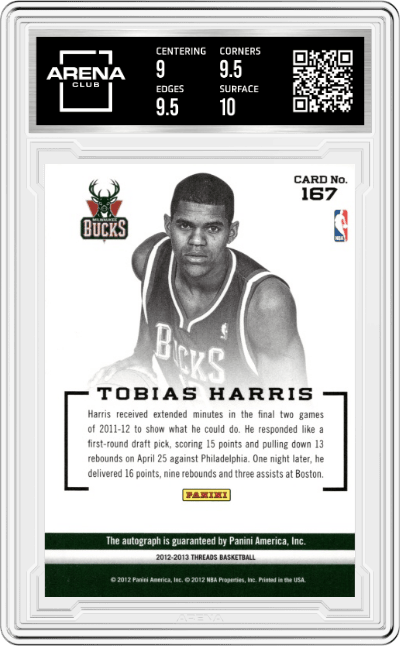 Tobias Harris from the 2012-13 Panini Threads Basketball set graded by Arena Club and given an overall grade of 9.5.