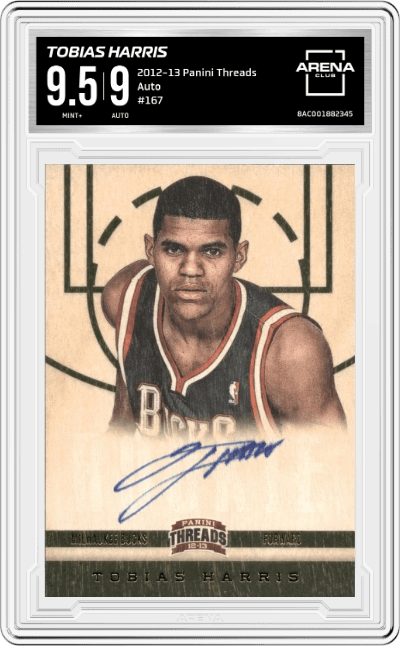 Tobias Harris from the 2012-13 Panini Threads Basketball set graded by Arena Club and given an overall grade of 9.5.