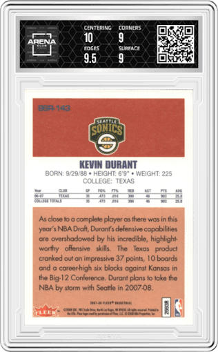 Kevin Durant from the 2007-08 Fleer set graded by Arena Club and given an overall grade of 9.5.