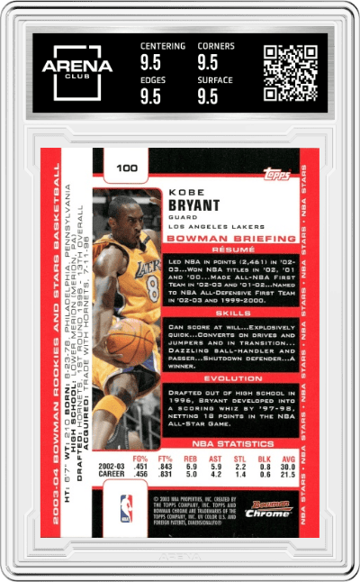 Kobe Bryant  from the 2003-04 Bowman Basketball set graded by Arena Club and given an overall grade of 9.5.