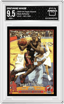 Dwyane Wade from the 2003-04 Topps Chrome set featuring a Black Refractor parallel graded by Arena Club and given an overall grade of 9.5.