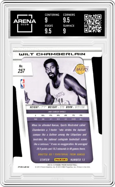 Wilt Chamberlain from the 2013-14 Panini Prizm set featuring a Purple Die-Cut Prizm parallel graded by Arena Club and given an overall grade of 9.5.