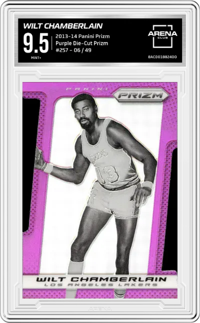 Wilt Chamberlain from the 2013-14 Panini Prizm set featuring a Purple Die-Cut Prizm parallel graded by Arena Club and given an overall grade of 9.5.
