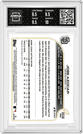 Jose Azocar from the 2022 Topps Chrome Update set featuring a Purple Ref. parallel graded by Arena Club and given an overall grade of 9.
