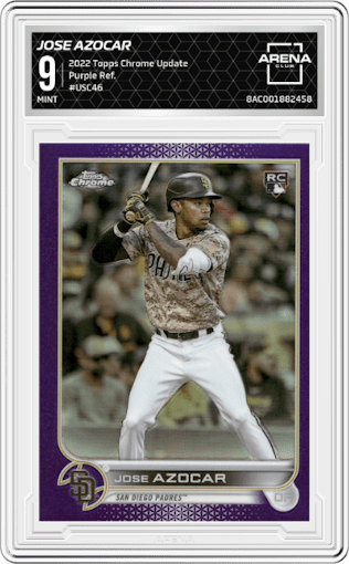 Jose Azocar from the 2022 Topps Chrome Update set featuring a Purple Ref. parallel graded by Arena Club and given an overall grade of 9.